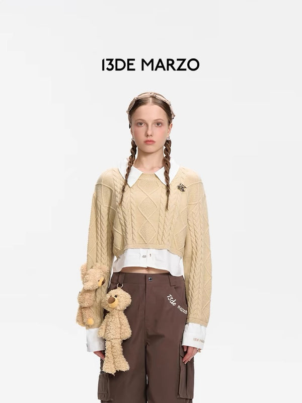 13DE MARZO 24FW 麻花慵懒毛边针织衫