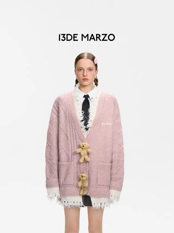 13DE MARZO 24FW 立体玩偶纽扣假两件针织开衫