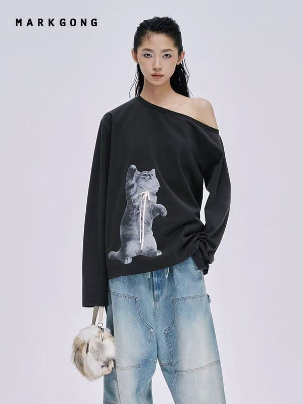 MARKGONG 25SS 斜开肩小猫印花长袖