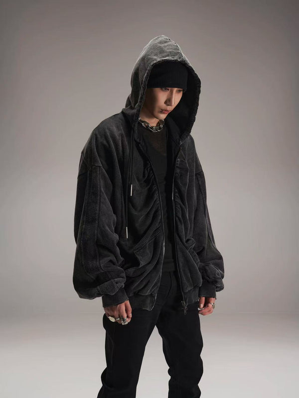 EODUP 24FW 外骨骼褶皱重水洗做旧连帽开衫卫衣