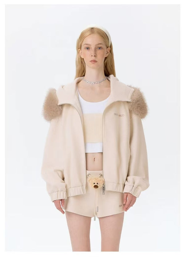 13DE MARZO 25FW 玩偶可拆卸毛领拉链卫衣外套